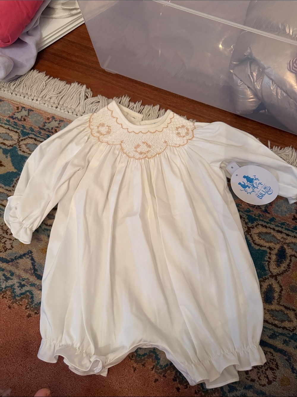 Luli & Me Smocked White Baby Romper with Peach Embroidery NWT
